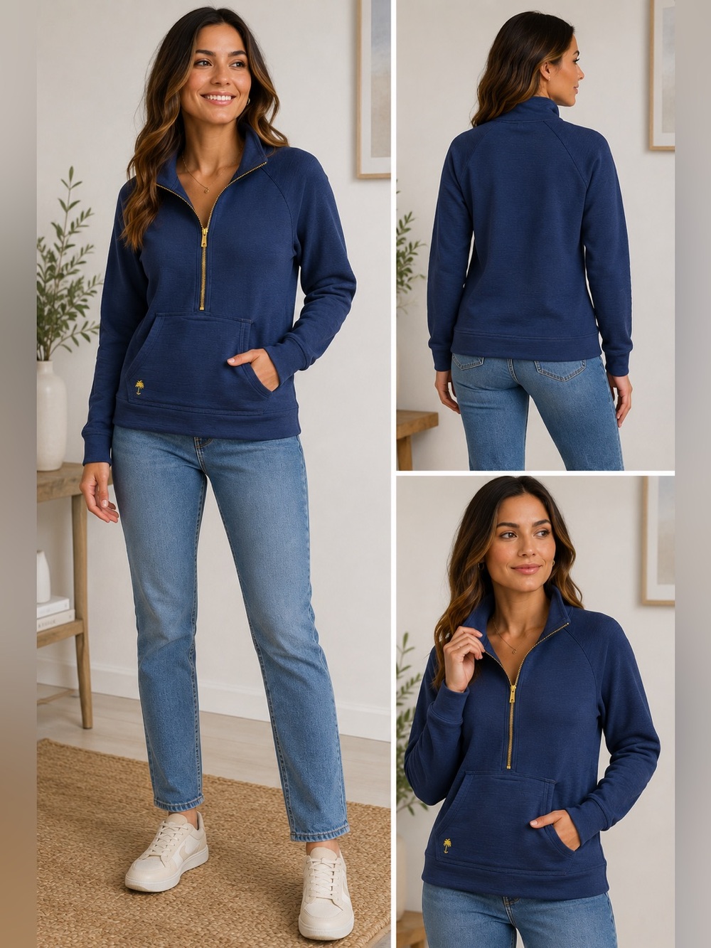 Lilly Pulitzer Quarter Zip Pullover SZ Sm Navy Blue Kangaroo Pocket Sweatshirt